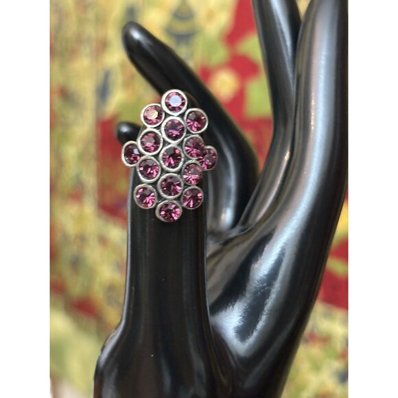 Purple Glass Cluster Silver Tone Cocktail Ring Band Size 5 Bezel Set Stone - Picture 2 of 7